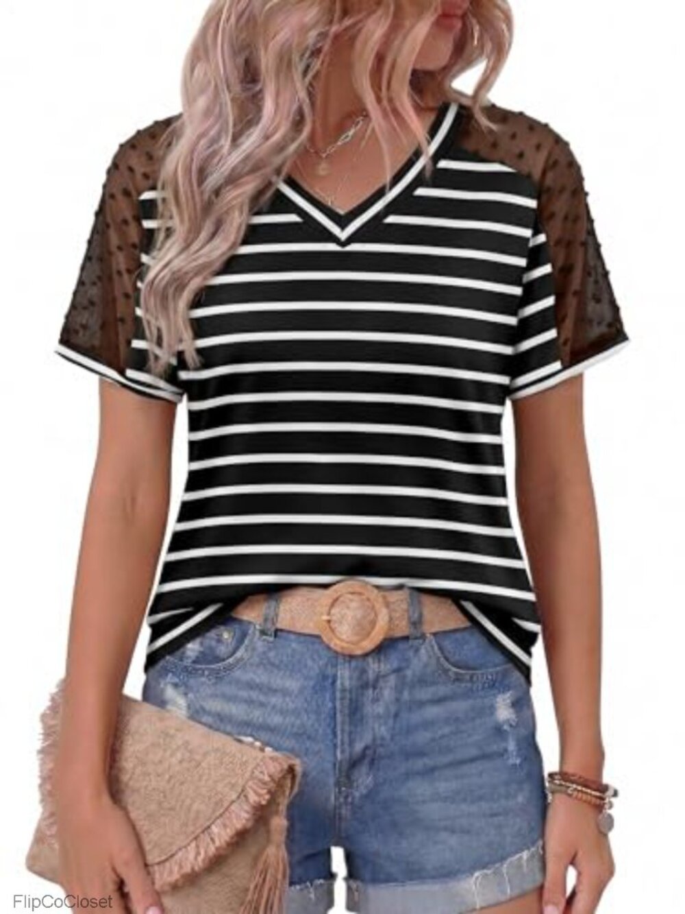 Women's Sheer Mesh Sleeve V-Neck Blouse Tee